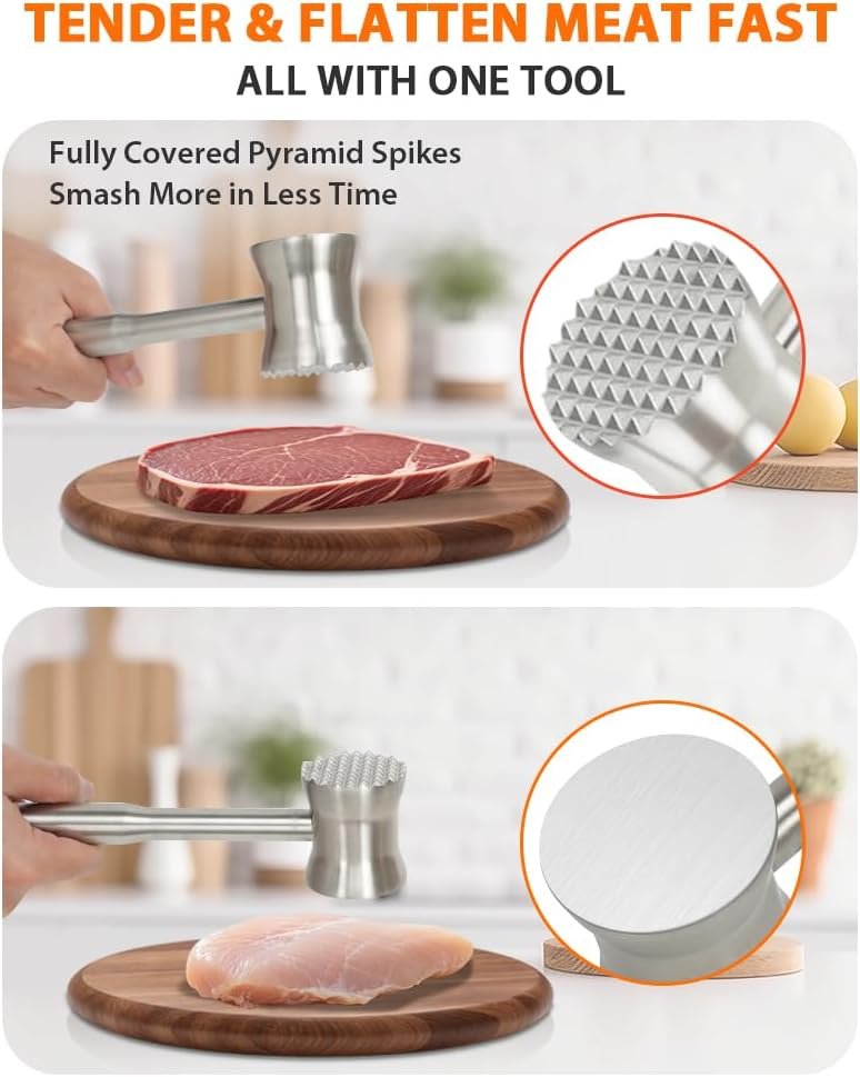 Brigii Meat Tenderizer Tool, 304 Stainless Steel Meat Mallet, 0.8lb Heavy Duty, 2 in 1 Meat Pounder for Beef, Steak, Chicken, Lamb, Dishwasher Safe - Image 2