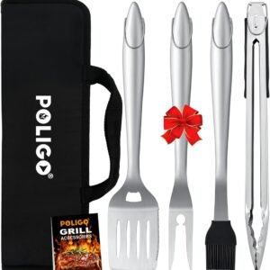 POLIGO 5PCS BBQ Grill Accessories for Outdoor Grill Set Stainless Steel Camping BBQ Tools Grilling Tools Set for Christmas Dads Birthday Presents, Grill Utensils Set Ideal Grilling Gifts for Men Dad