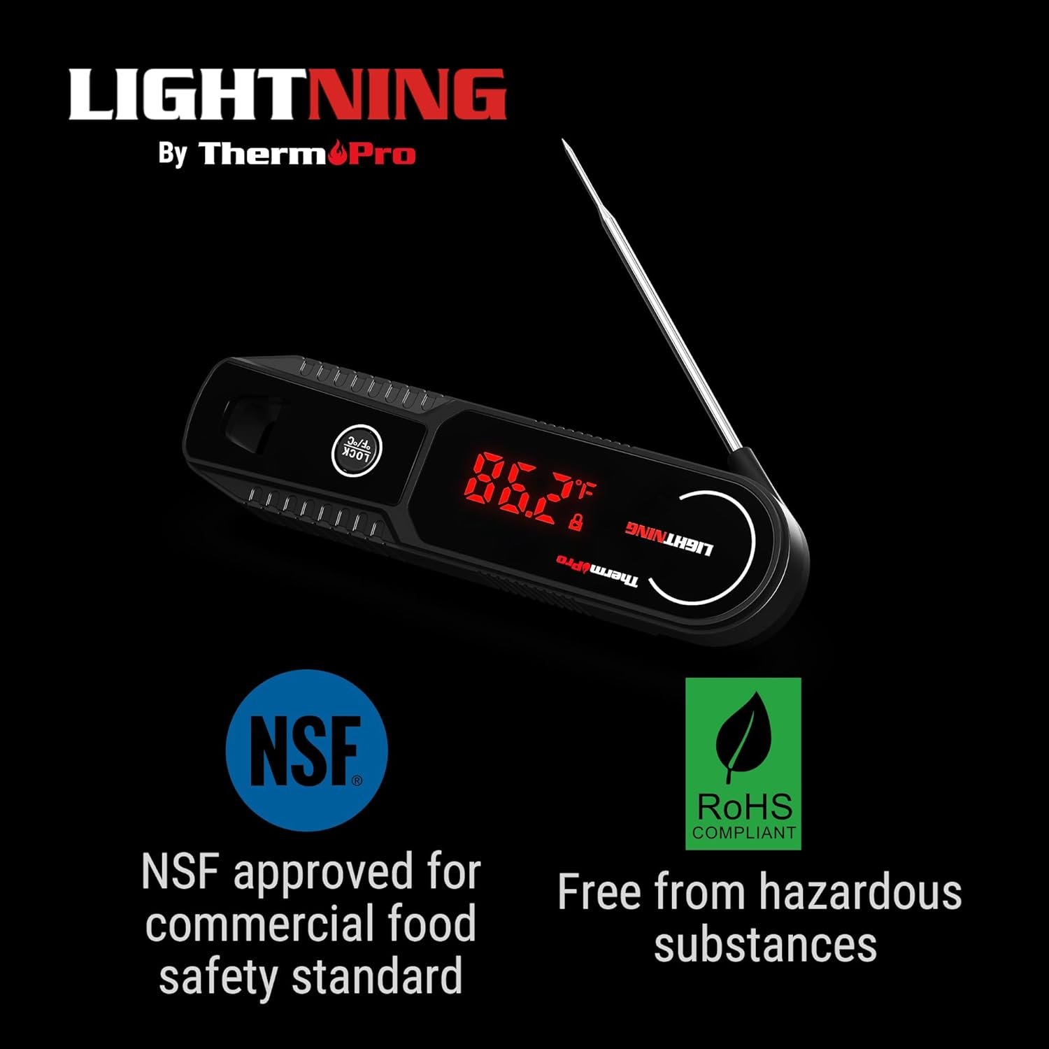 ThermoPro Lightning 1-Second Instant Read Meat Thermometer, Kitchen Food Thermometer with Auto Wake/Sleep/180° Rotating Display, Waterproof Cooking Thermometer for Oil Deep Fry Smoker BBQ Grill - Image 2