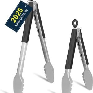 Hotec Stainless Steel Kitchen Tongs for Cooking – 9″ and 12″ Barbecue Tongs Locking Metal Food Tongs with Non-Slip Grip & Heat-Resistant Handles for BBQ, Grill