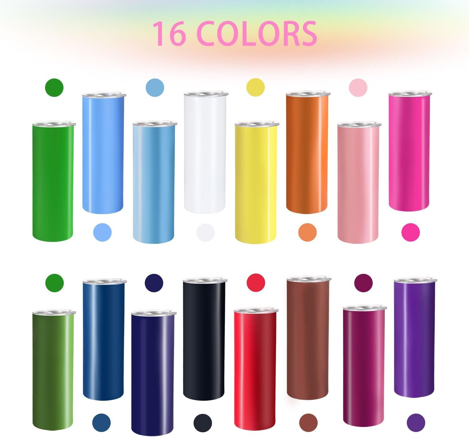 16 Pack Skinny Tumblers 20oz Bulk Straight Stainless Steel Double Wall Vacuum Insulated Tumbler with Lid and Straw & Silicone Base for Travel, DIY, 16 Colors - Image 5