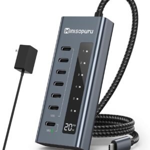 Minisopuru Powered USB C Hub, 7 in 1 USB-C Hub Support 10Gbps Data & 20W Charging, USBC Hub Powered Multiport Adapter for MacBook Pro/Air, iMac,iPad, Phone, Surface, Dell, etc.(Not Support Video)