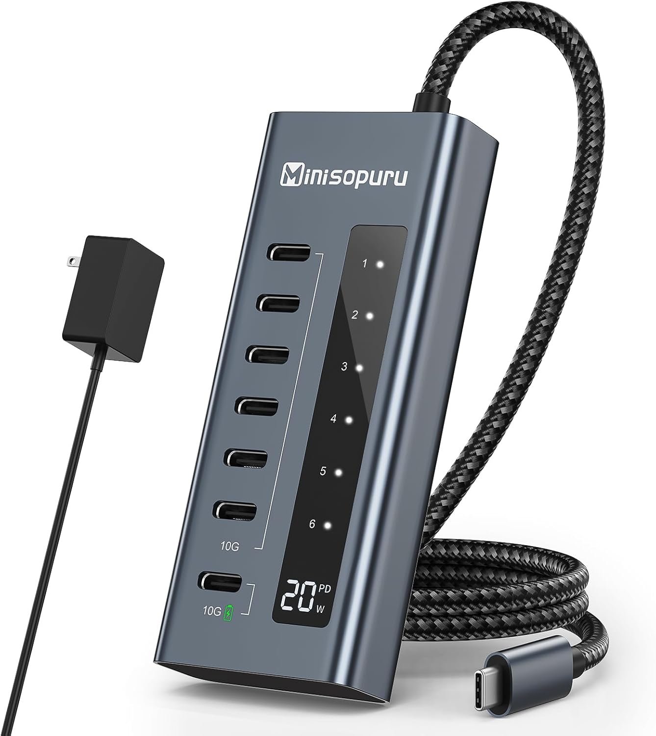 Minisopuru Powered USB C Hub, 7 in 1 USB-C Hub Support 10Gbps Data & 20W Charging, USBC Hub Powered Multiport Adapter for MacBook Pro/Air, iMac,iPad, Phone, Surface, Dell, etc.(Not Support Video)