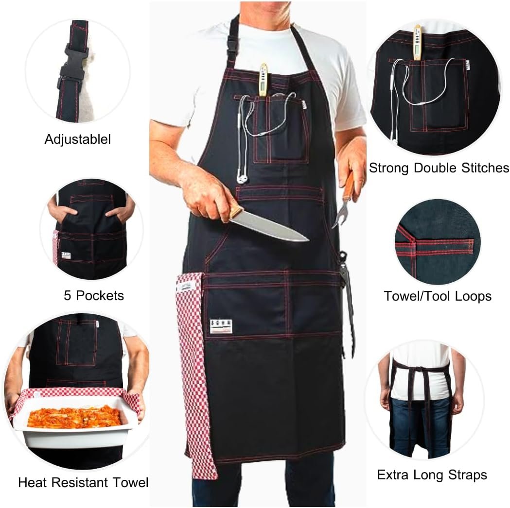 BÖHM Professional Chef Kitchen Apron with Pockets, Tool Loops, Adjustable Neck Strap, Durable Double Stitched Cotton. Incl. heat resistant Pot/Pan Towel for handling Hot items - Image 4