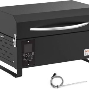 Onlyfire BBQ Wood Pellet Grill Smoker with Meat Probe, 2 Tiers Cooking Area, Portable Tabletop Grilling Stove for Outdoor Kitchen Cooking Smoke and Roast, RV Camping, Black GS314