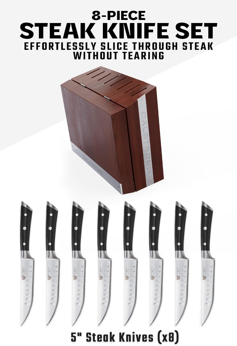 Dalstrong Steak Knife Set - 8 Piece - 5 inch Straight Edge Blade - Gladiator Series Elite - Forged High-Carbon German Steel Dinner Kitchen Knife - Black G10 Handle - Folding Block Set - NSF Certified - Image 2