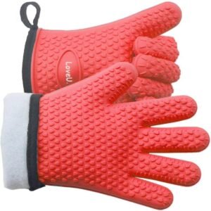 Kitchen Oven Gloves – Dual-Layer Heat Resistant Grilling Gloves, Silicone Oven Mitts with 5 Fingers, Waterproof Non-Slip Pot Holder for Barbecue, Cooking, Baking (XL-XXXL, Red)