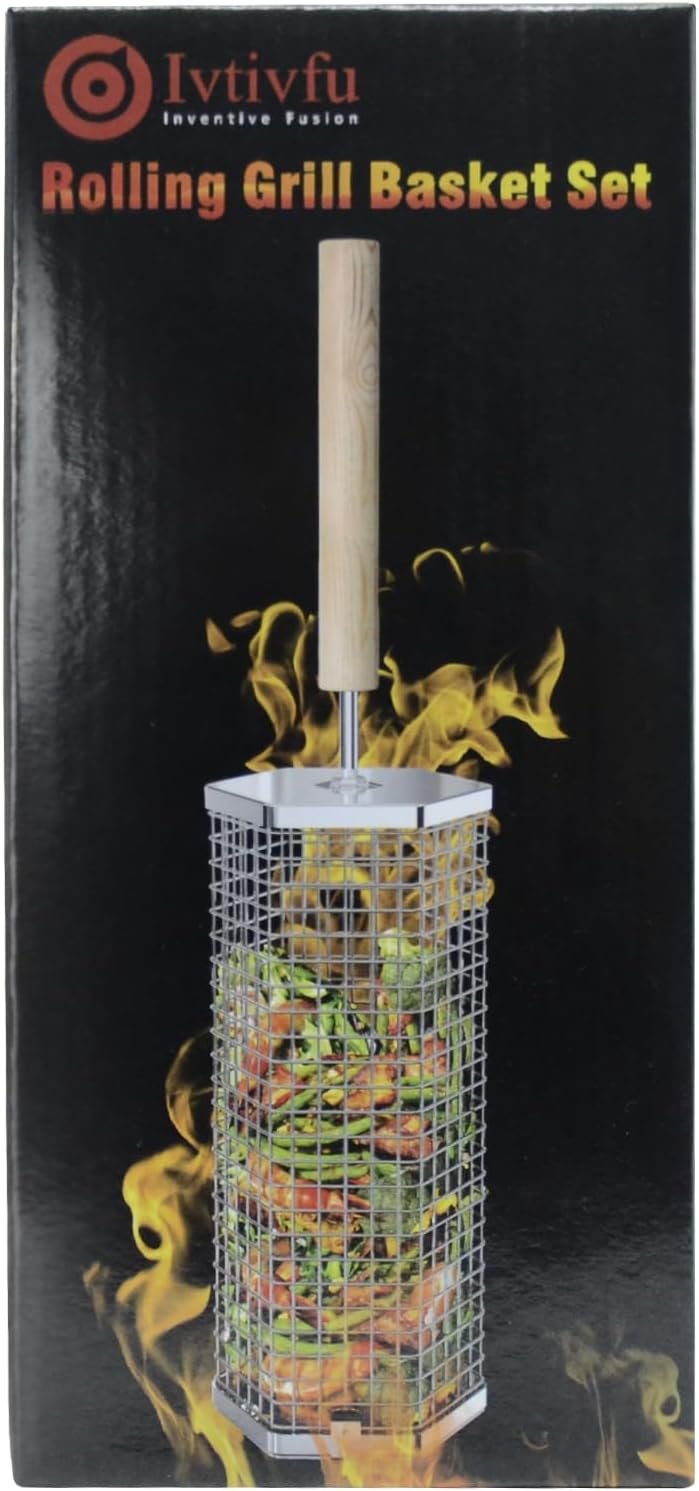 Rolling Grill Baskets (Hexagon), Removable Wooden Handle, 304 Stainless Steel, Nesting Grilling Net, BBQ Accessories Tools for Vegetables Shrimp, Outdoor Cooking Camping, Birthday Gifts for Men Dad Husband - Image 11