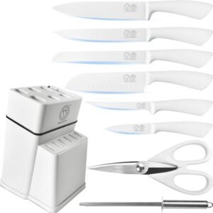 XYJ Authentic Since 1986, Stainless Steel Knives Set with Knife Holder, Professional Knife Block Set, White Color Kitchen Knives, Meat Cleaver Slicing Cooking Knife Kitchen Cutlery Tools