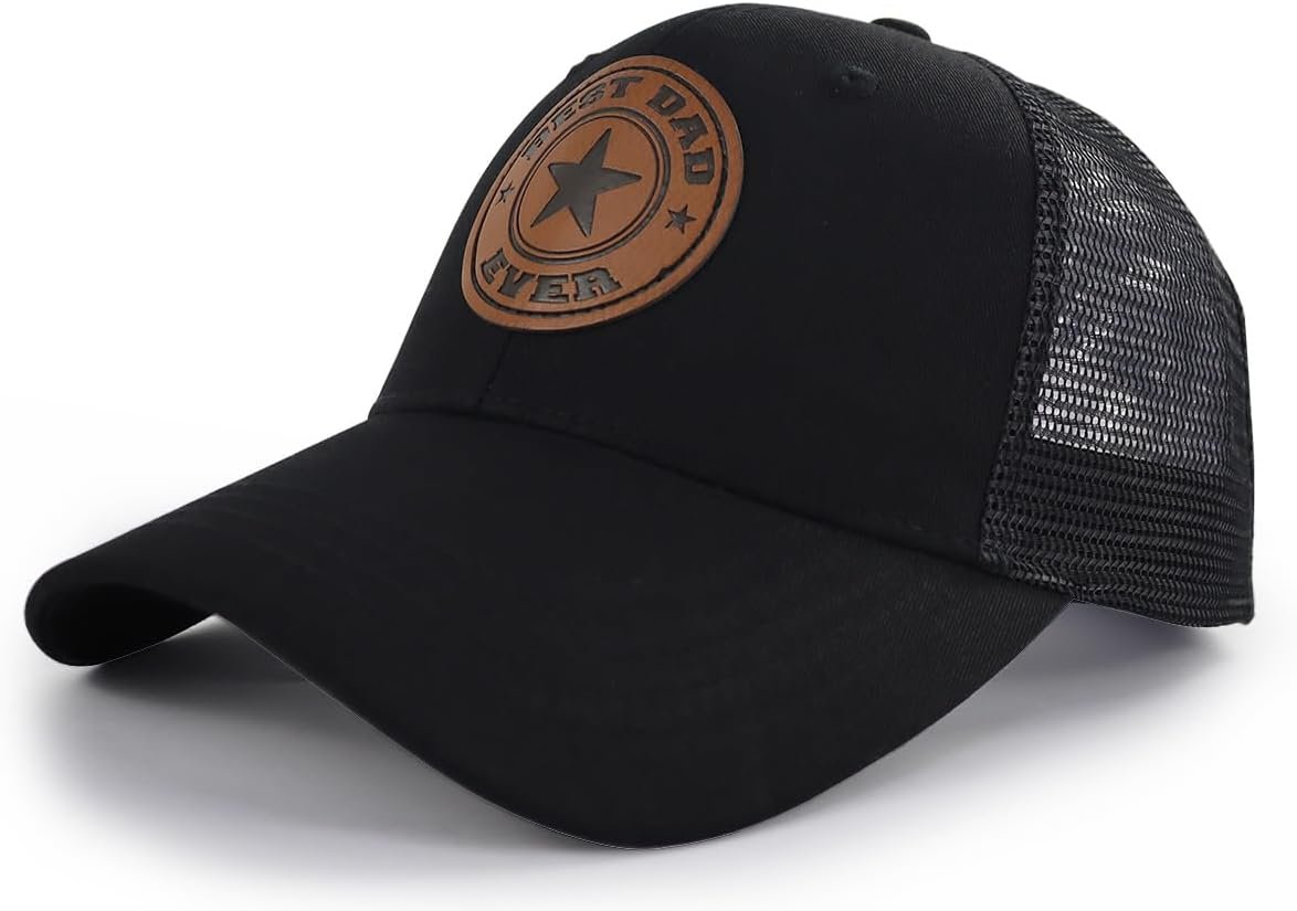 World Best Dad Ever Trucker Hat with Leather Patch, Adjustable Embroidered Washed Cotton Father Day Daddy Baseball Cap - Image 3