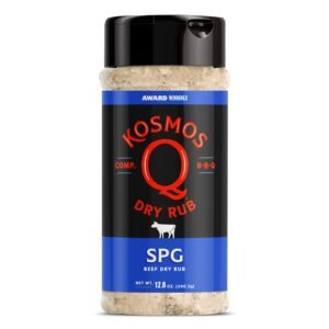 Kosmos Q SPG BBQ Dry Rub, Bold Salt Pepper Garlic Blend with Organic Cane Sugar, BBQ Seasoning for Brisket, Chicken, Steak, Ribs, Pork, Seafood & Veggies, Meat Rub for Smoking & Grilling, 12 Oz Shaker