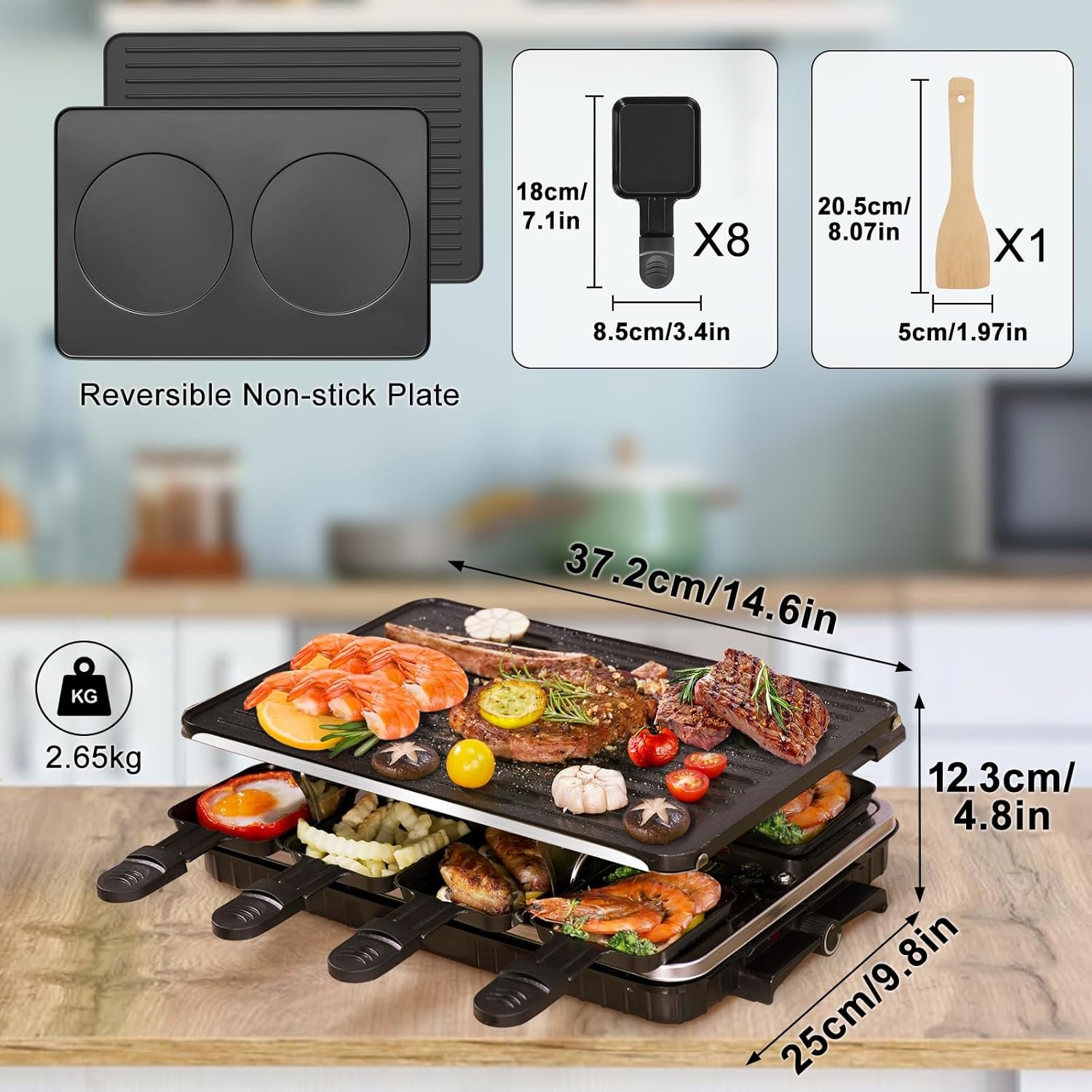Raclette Grill, Indoor Grills Electric Smokeless Korean BBQ Grill Table, 2 in 1 Electric Griddle Nonstick with 8 Raclette Cheese Pans Adjustable Temperature Control 1300W Ideal for Family & Party Fun - Image 7