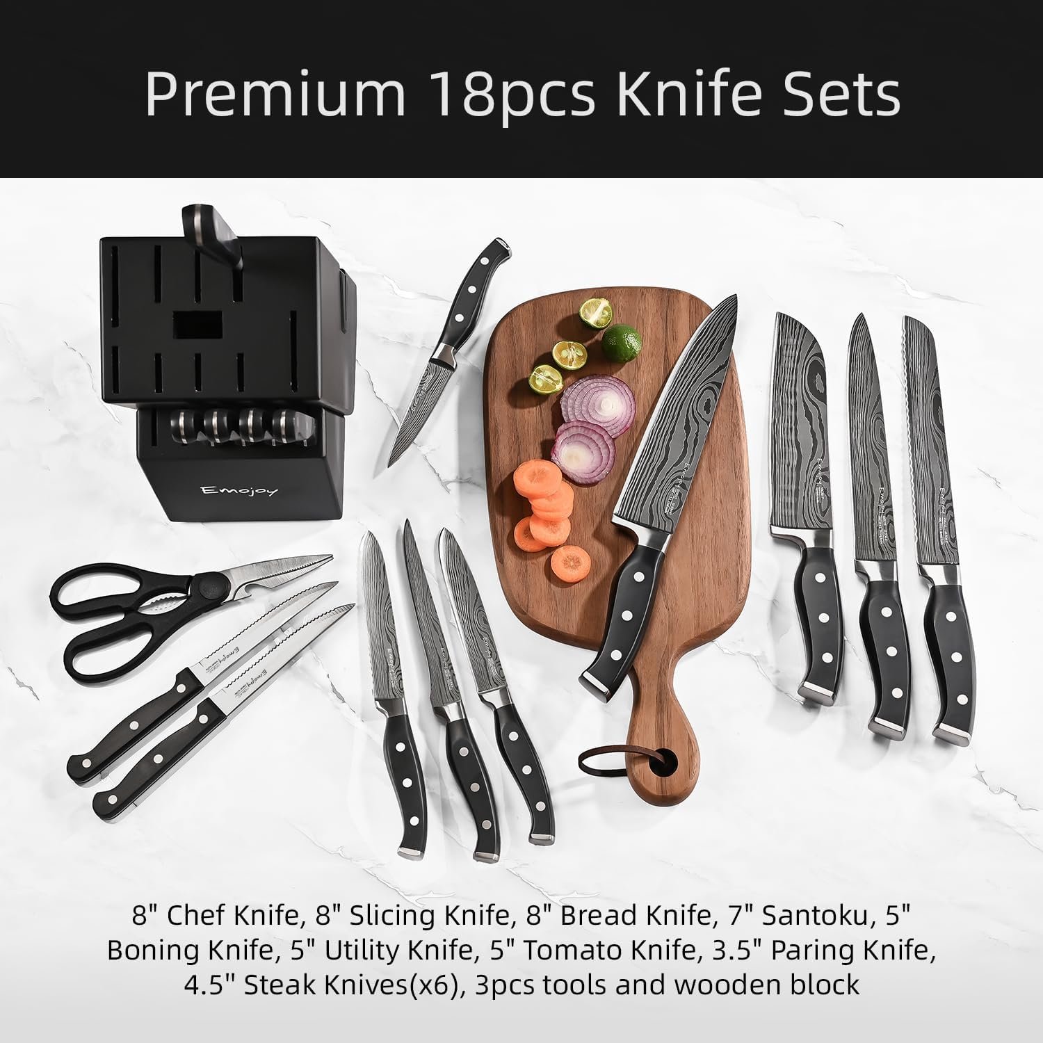 Knife Set, Emojoy 18-Piece Knife Sets for Kitchen with Block, Stainless Steel Kitchen Knives with Built-in Sharpener, Shears and Carving Fork, Black - Image 2
