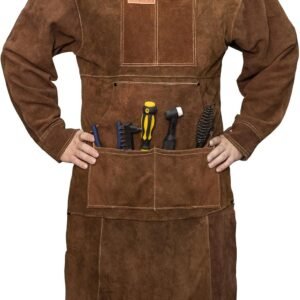 YESWELDER Leather Welding Apron with Sleeve and 6 Pockets, Heat Flame Resistant Cowhide Welder Apron, Brown
