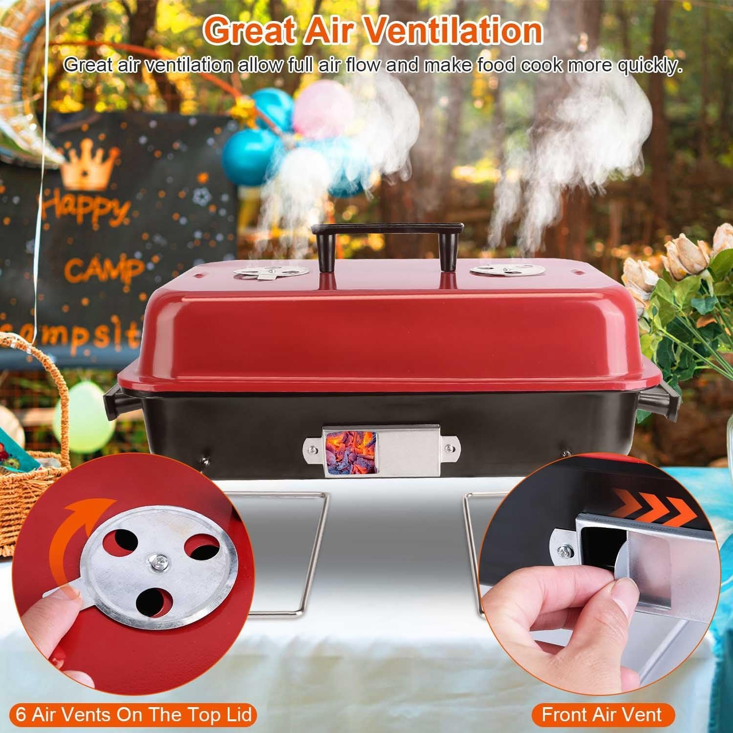 iMounTEK Portable Charcoal Grill Outdoor Tabletop Grill Small Barbecue Smoker Folding BBQ Grill with Lid for Backyard Camping Picnics Beach for Outdoor Cooking Camping Picnics Garden Grilling/Red - Image 3