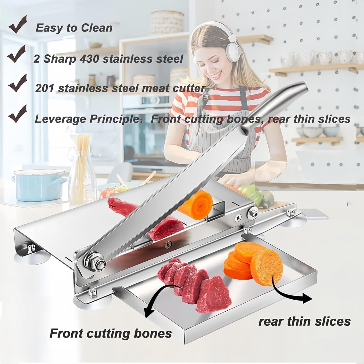 YOUMEHE 20 Inches - Stainless Steel Bone Cutter, 2 Sharp Blades-Replaceable blades, Meat Cutter for Frozen Chicken Fish or Steak, Manual Meat Slicer, Home and Commercial Cooking - Image 3