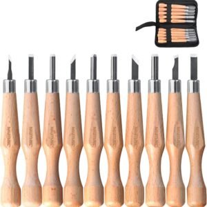 HAUTMEC Wood Carving Tool Set – 10 PCS Hand Carving Knives and Chisels for DIY Sculpture Carpenter Experts & Beginners, HT0391
