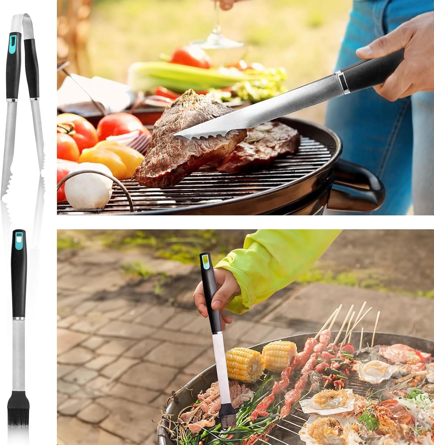 5-Piece Good Grips BBQ Grill Tool Set – Extra Tough Metal Wire Brush Cleaner, Stainless Steel Spatula, Fork, Tongs, Basting Brush for Outdoor Grilling, Camping - Perfect Grill Gifts for Men Dad - Image 4