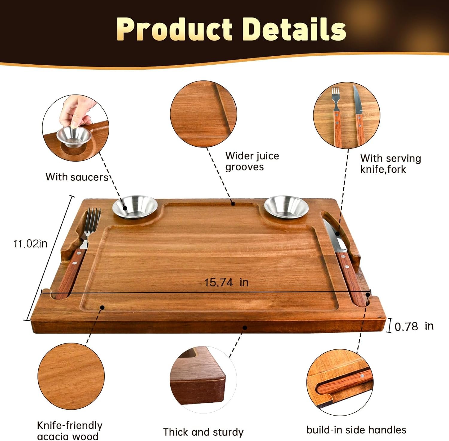 Acacia Wooden Steak Board - Steak Plate Cutting Board with Fork, Knife and Ramekins Wood Serving Board for Home 15.7 Inches (1 set) - Image 2