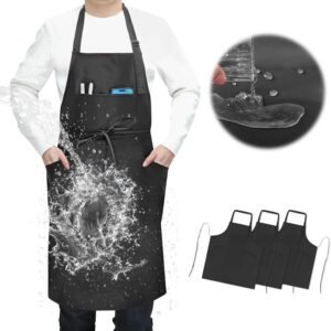 3 Pcs Dual Waterproof Oilproof Kitchen Chef Aprons with 4 Pockets for Men Women, Adjustable Soft Anti-Tear Cooking Bib Apron for Baking Grilling BBQ Painting Cleaning (Black)