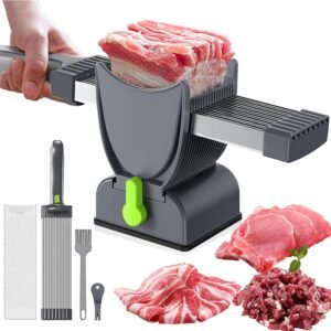 Fresh Meat Slicer, Stainless Steel Meat Slicer Manual Jerky Cutter with 17 Blades, Adjustable Thickness (2mm,4mm) Hand cleaver Knife Set for Slicing, Shredding Beef Pork Chicken BBQ