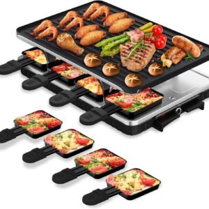 HBN Electric Raclette Table Grill with 8 Warming Trays, 2-in-1 Korean BBQ Grill & Electric Griddle Nonstick, Adjustable Temperature Control,1300W, Great for Indoor Family Gatherings, Parties & Dining