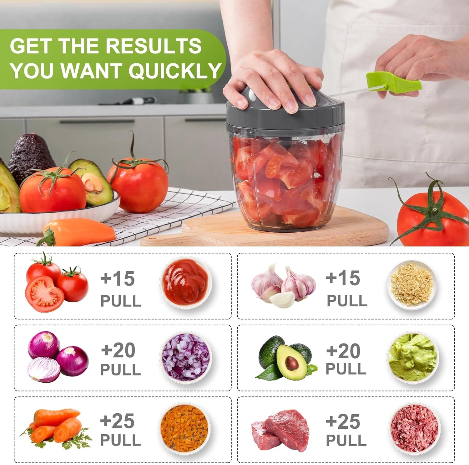 Manual Food Processor Vegetable Chopper, Portable Hand Pull String Garlic Mincer Onion Cutter for Veggies, Ginger, Fruits, Nuts, Herbs, etc., 900ml-Gray - Image 7