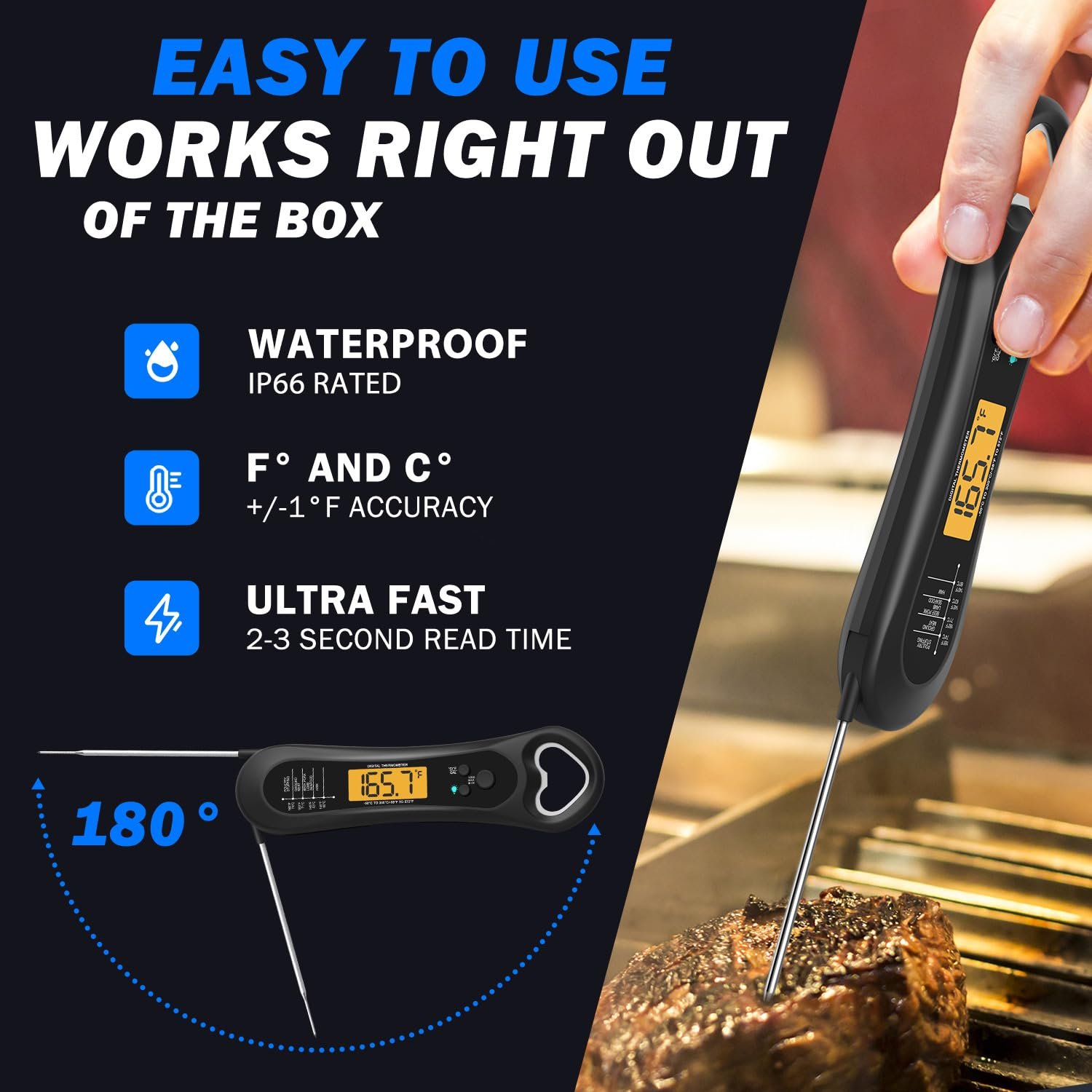 Meat Thermometer Digital, Instant Read Meat Thermometer for Grill and Cooking, with Bottle Opener, Backlight & Calibration Food Thermometer, Kitchen Gadgets for BBQ, Turkey, Candy, Liquids - Image 2