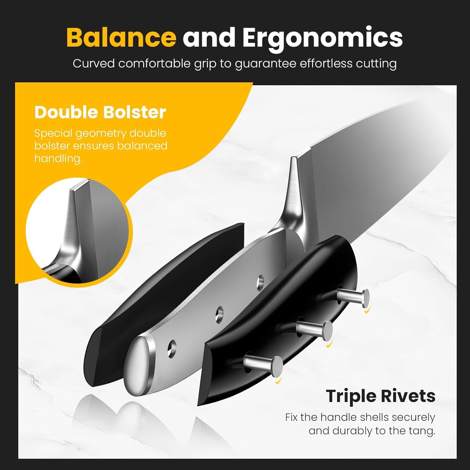 Emojoy 22-Piece Kitchen Knife Set with Block, Include 2-pair Chef Knives, Carving Fork and Sharpener (Dual-Chef Sets) - Image 5