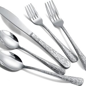 Dandat 60 Pcs Vintage Carved Sliver Silverware Set for 12 Stainless Steel Retro Royal Flatware Tableware Cutlery Utensils Set Including Fork Spoon and Knife for Kitchen Restaurant Wedding Home