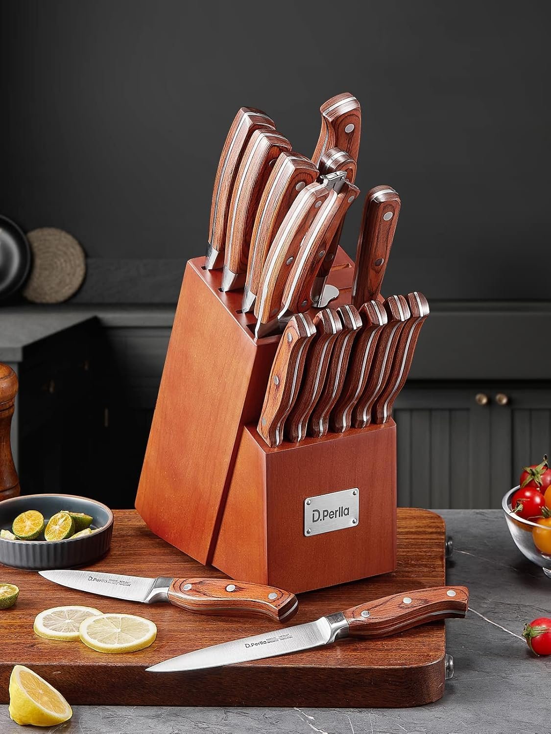 Knife Set with Block, 16 Pcs Stainless Steel Kitchen Knife Set with Sharpener & Wooden Block, Knife Block Set with Wood Handle, Chef, Santoku, Bread, Utility, Paring & Carving Fork Knife, Brown - Image 9