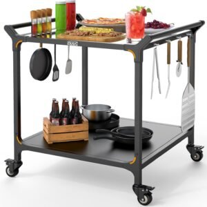NUUK Grill Cart for Outdoor 32″ x 32″ Stainless Steel Pizza Oven Table with Double-Shelf Rolling BBQ Kitchen Food Prep Cart for Garden Patio