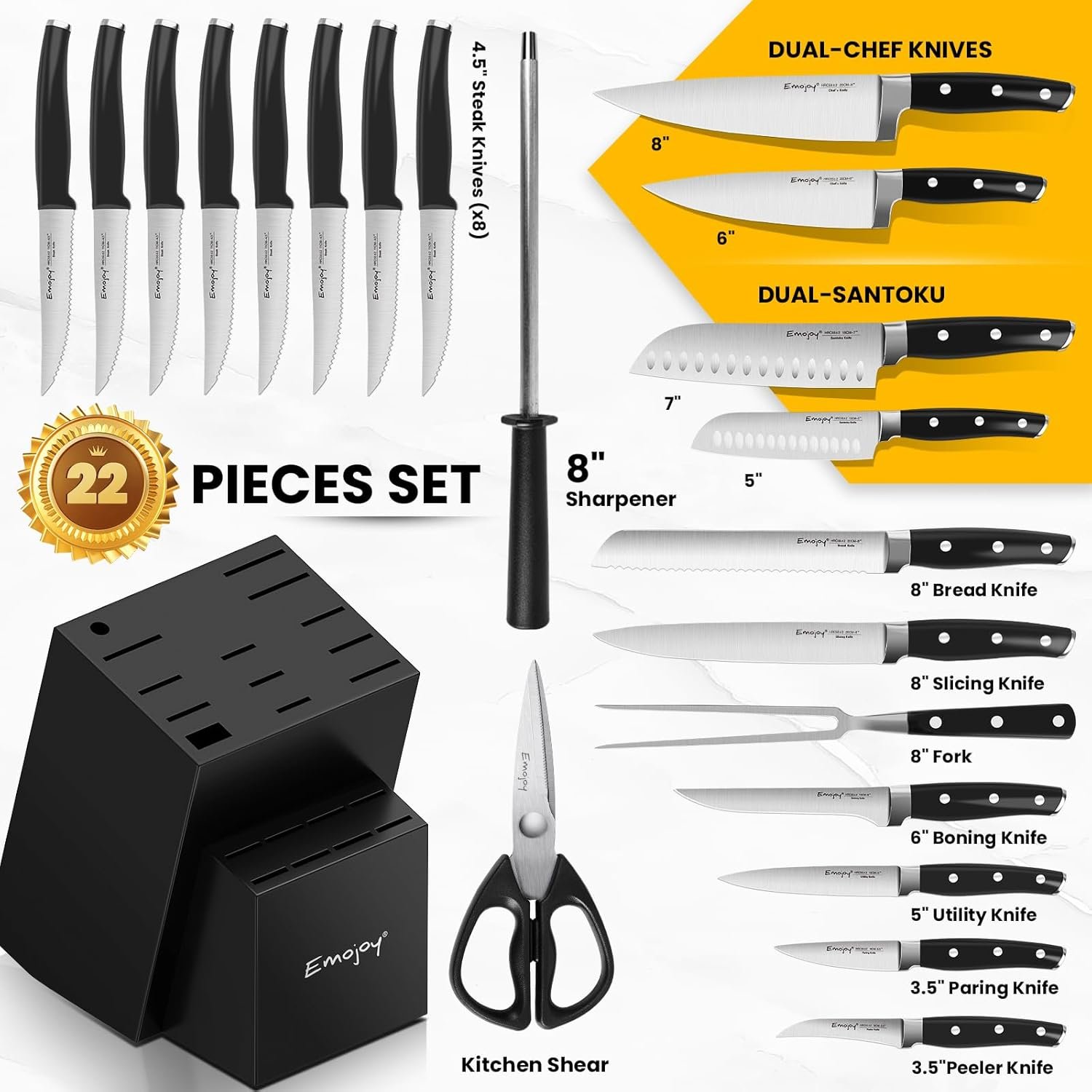 Emojoy 22-Piece Kitchen Knife Set with Block, Include 2-pair Chef Knives, Carving Fork and Sharpener (Dual-Chef Sets) - Image 2
