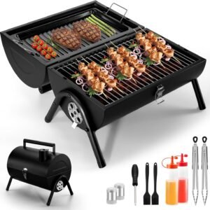 Portable BBQ Charcoal Grill, Joyfair Small Folding Tabletop Barbecue Smoker, 2-IN-1 2-Sided Carbon Grills with Tray, Rack, BBQ Tools, for Outdoor Camping Patio Picnic, Heavy Duty (230Sq.in), 11 PCS