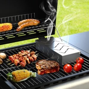 Grill Smoker Box, Stainless Steel Food Safe, Works with Wood Chips Smoked BBQ Flavor, Hinged Lid,Warp Free Grill Accessories (1, 8.8 * 4)