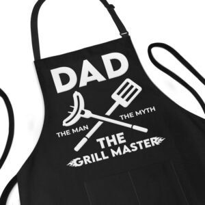 Apron for Dad – The Man The Myth The Grill Master – Adjustable Large 1 Size Fits All – Poly/Cotton Apron with 2 Pockets – Grill Gift Apron for Father, Husband, Chef
