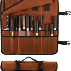 Chef Knife Roll Bag, Waxed Canvas chef bag with 18 Slots Cutlery Knives Holders Protectors, Portable Knife Bags for Chefs Professional, Case Storage Pouch, Camping and Hold Home Kitchen Knife Tools