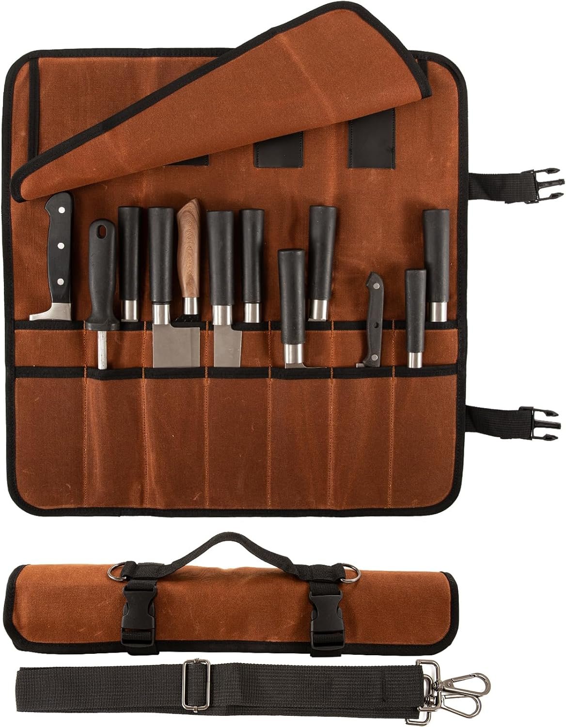 Chef Knife Roll Bag, Waxed Canvas chef bag with 18 Slots Cutlery Knives Holders Protectors, Portable Knife Bags for Chefs Professional, Case Storage Pouch, Camping and Hold Home Kitchen Knife Tools