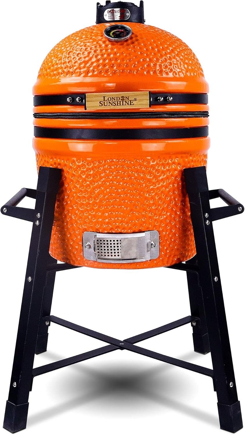 Ceramic Kamado Charcoal BBQ Grill and Smoker, Stainless Steel Grates -15" Ceramic with Tall Stand (ORANGE)