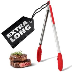 Kitchen Salad Tongs for Serving 17.3″ – Heat-Resistant Extra Long Tongs with Silicone Tips for Convenient Flipping Food on BBQ – Stainless Steel Long Tongs for Grabbing & Cooking & Grilling