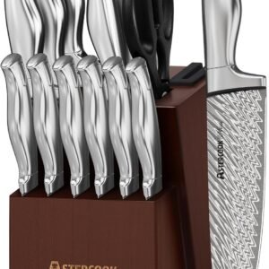 Astercook Knife Set, 15-Piece Kitchen Knife Set with Block, Built-in Knife Sharpener, German Stainless Steel Knife Block Set, Dishwasher Safe