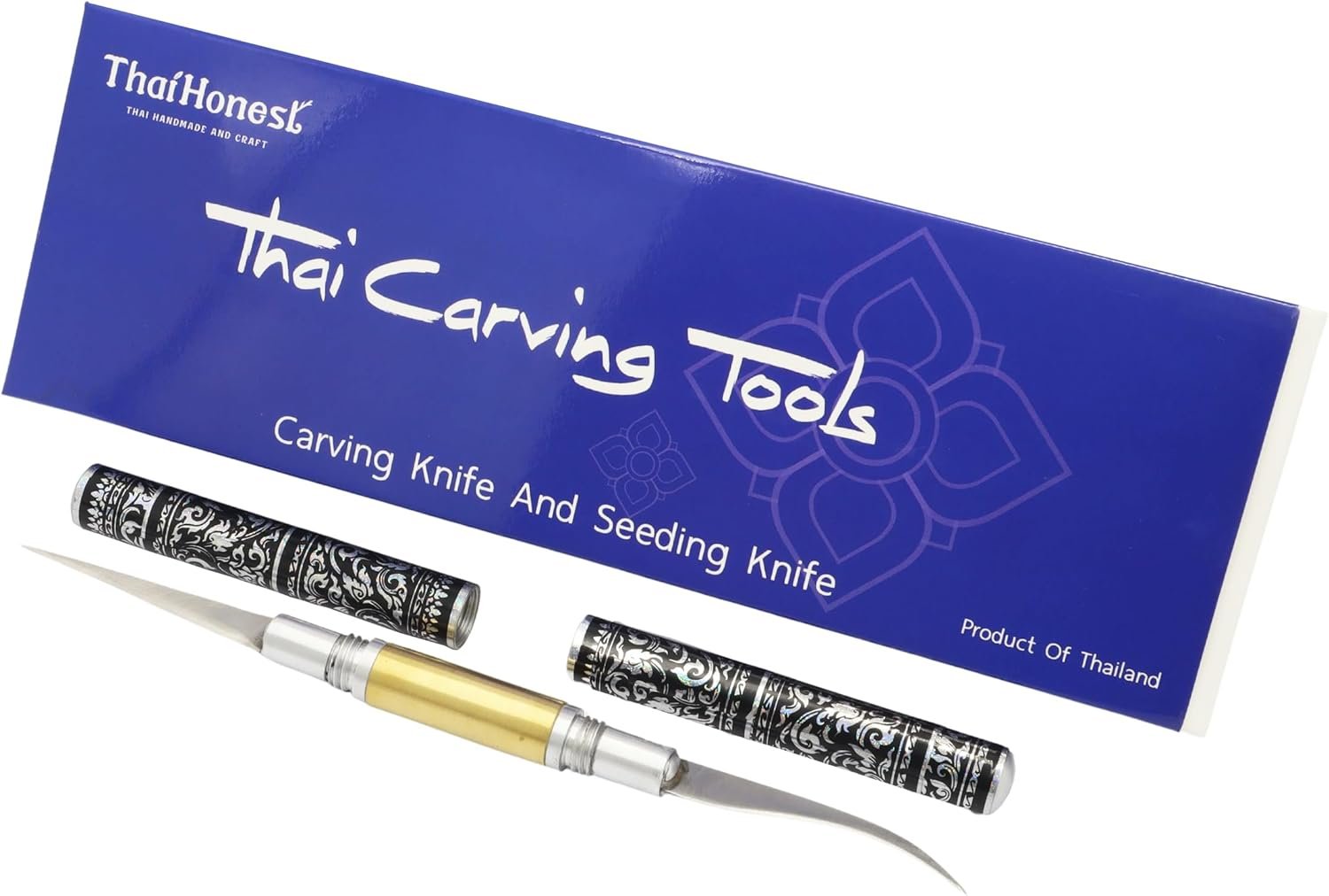 Thai Fruit Carving Knife –2 Inch Double-Sided Blade (Curved & Straight) with Decorative Black Thai Pattern Handle – Precision Tool for Vegetable and Fruit Art, Handcrafted for Culinary Detailing