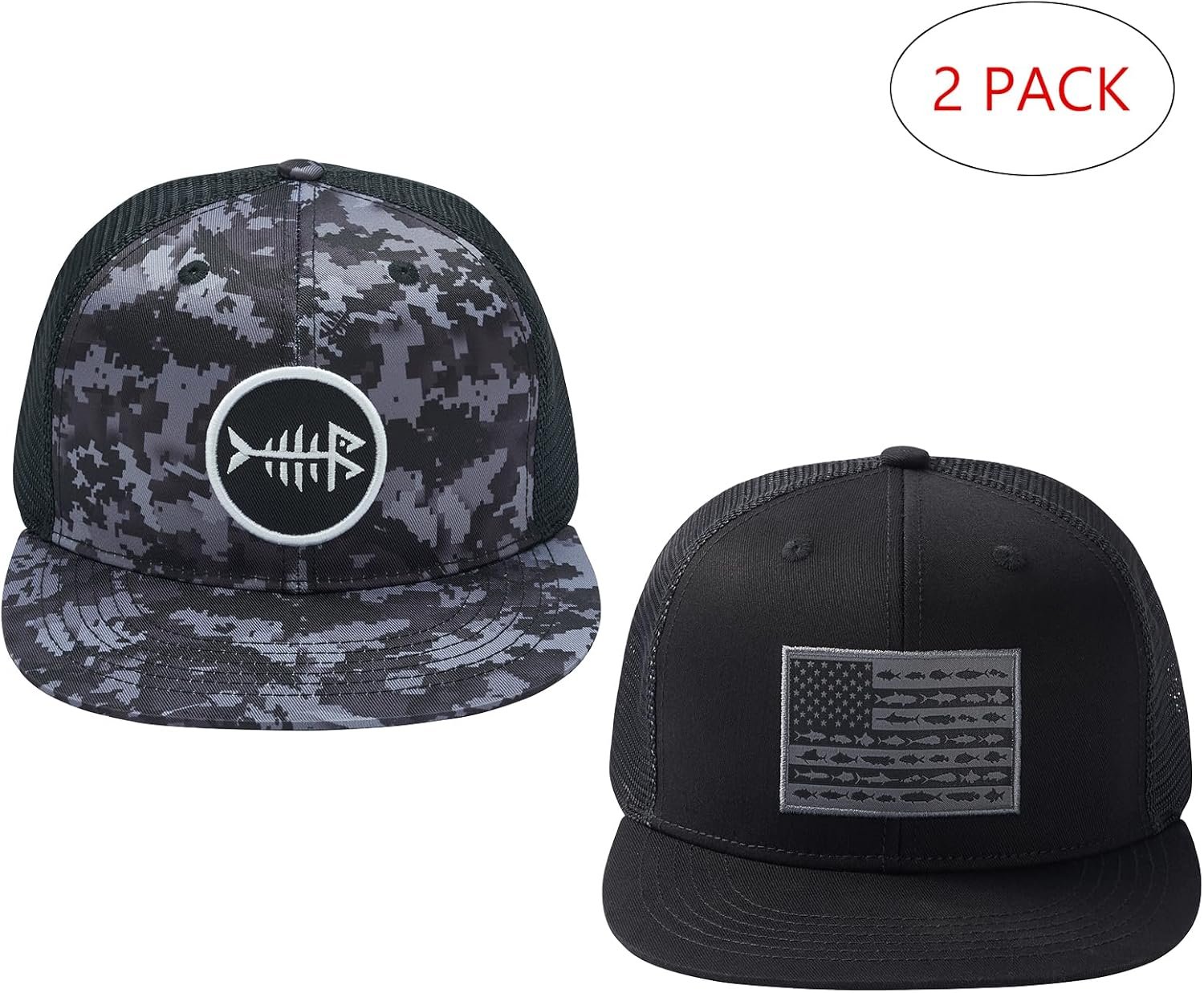 BASSDASH 2 Pack Flat Brim Trucker Cap Adjustable Snapback Hat Mesh Back for Men Women Fishing Hunting - Image 2