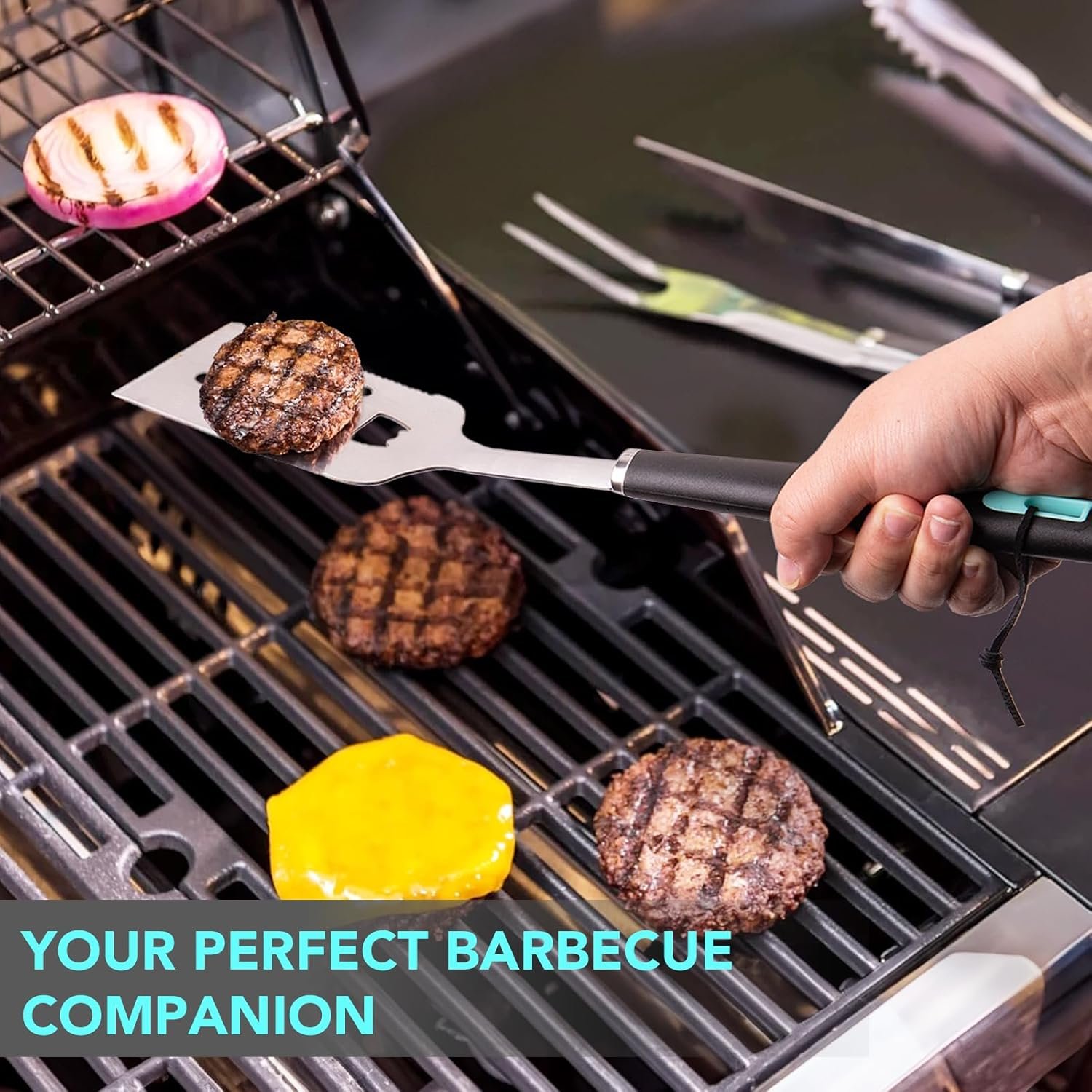 5-Piece Good Grips BBQ Grill Tool Set – Extra Tough Metal Wire Brush Cleaner, Stainless Steel Spatula, Fork, Tongs, Basting Brush for Outdoor Grilling, Camping - Perfect Grill Gifts for Men Dad - Image 8