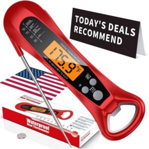 Meat Thermometer Digital, 1 Sec Instant Read, NIST Certified Accurate to ±0.5℉, Ultra Bright LED Screen, 100% Waterproof, Auto-Rotate, BBQ/Smoker/Candy, Valentines Gift, Red