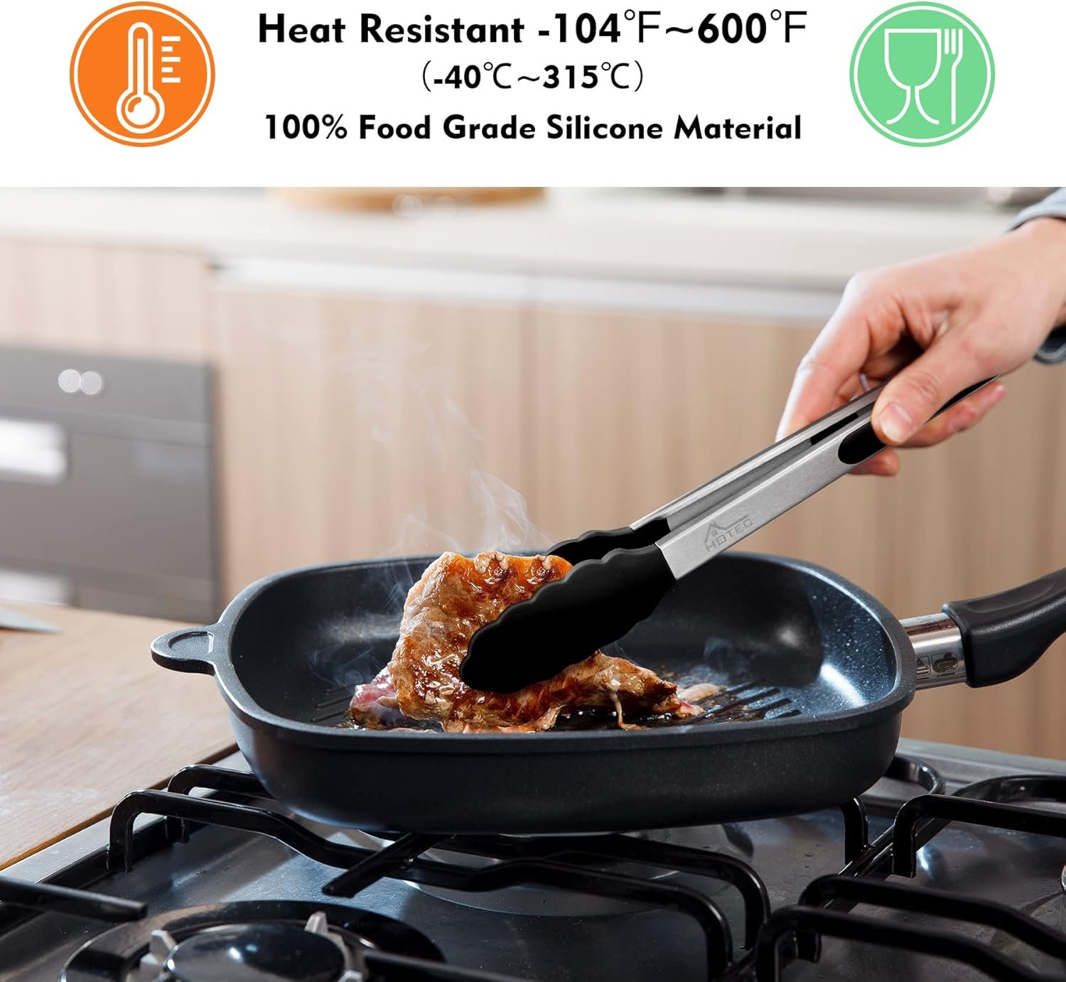 HOTEC Premium Stainless Steel Locking Kitchen Tongs with Silicon Tips, Set of 2-9" and 12" - Image 3