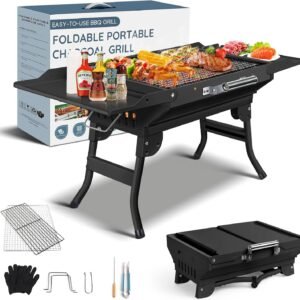 Portable Charcoal Grill Foldable Grills BBQ Grill Charcoal Small Grill for Travel, Camping, Outdoor Cooking, Backyard, Hiking, Patio Garden, Picnics, Black