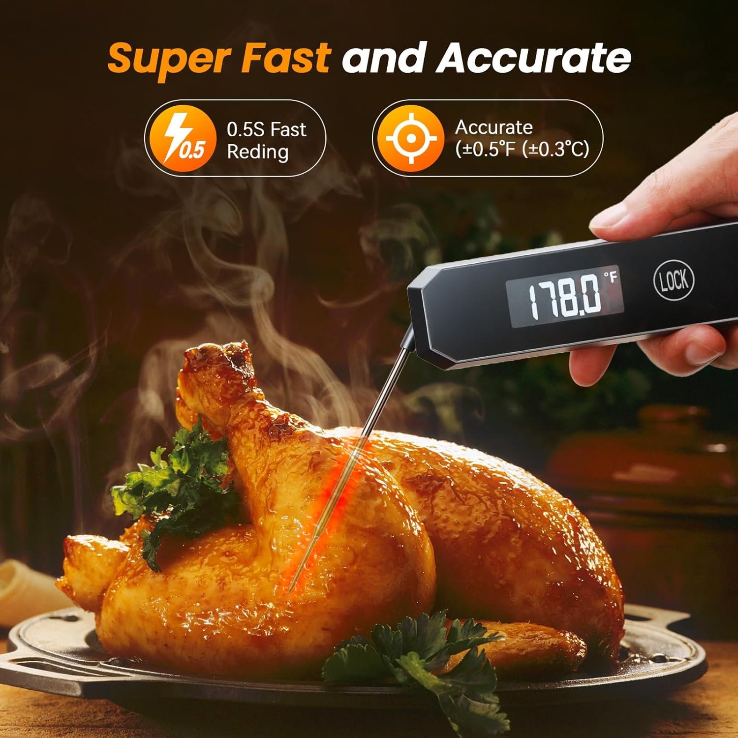 Meat Thermometer Digital, 0.5 Sec Instant Read Food Thermometer for Cooking Grilling Air Fryer, Kitchen Cooking Food Thermometer for BBQ Smoker Oil Fry Candy Thermometers (Grey) - Image 4
