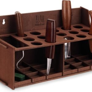 Wood Carving Tools Organizer Holder,Storage for 16 Whittling Knives- Rack with 1 Large Grid, 15 Small Grids,Workshop Storage, Woodworking Tools Organizer, Vintage