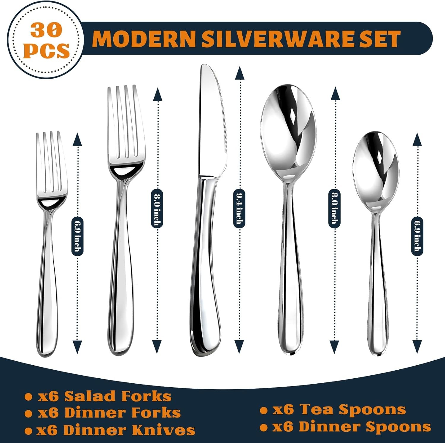 Silverware Set for 6, Heavy Duty Stainless Steel Cutlery Set Flatware Set,30 Piece Premium Silverware, Mirror Polished Modern Cutlery include Fork Knife Spoon Set,Dishwasher Safe - Image 2